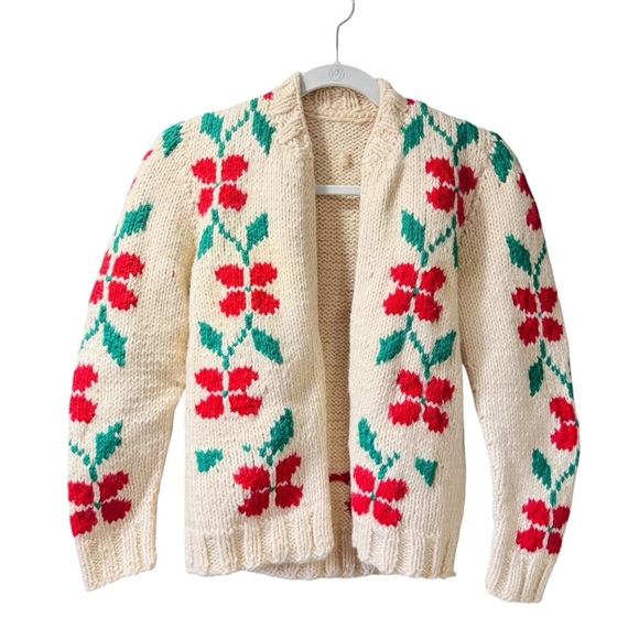 Handmade vintage 100% wool red green Floral Knit open cardigan Sweater - Picture 1 of 7